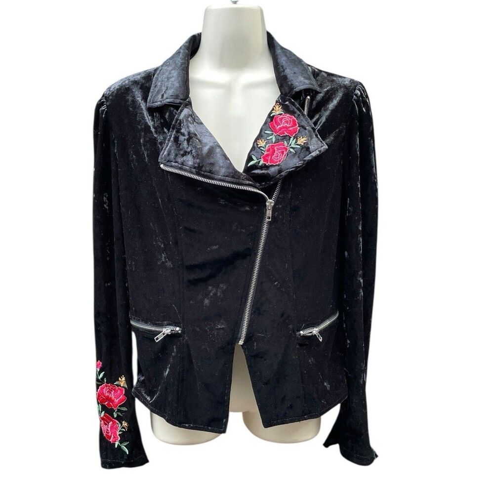 Disney Coco Día De Los Muertos Moto Jacket Size M Black Velour Embroidered Roses